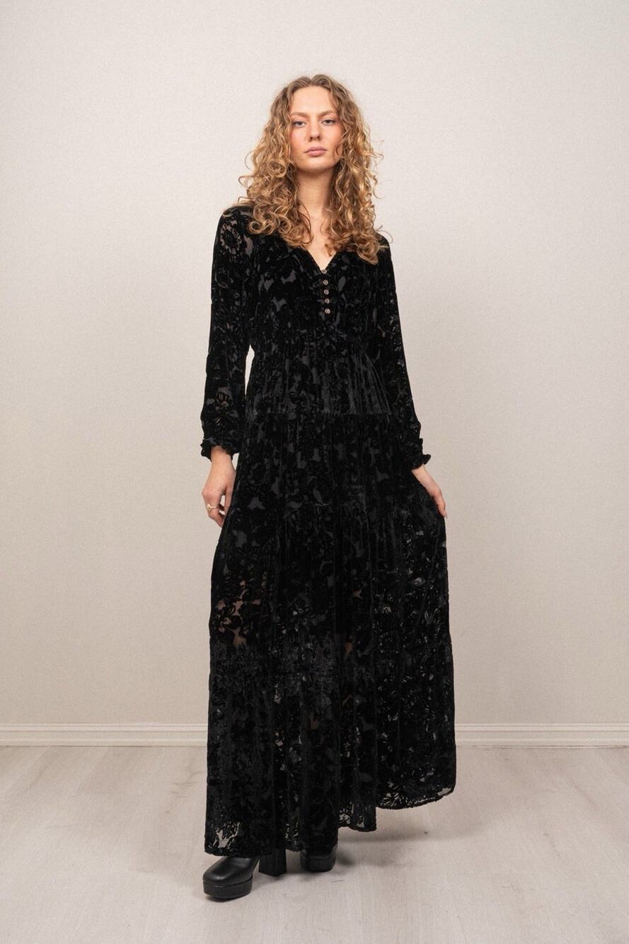 Hale Bob Lina Velvet Burnout Long Maxi Dress Black Floral Silk Size L NWT